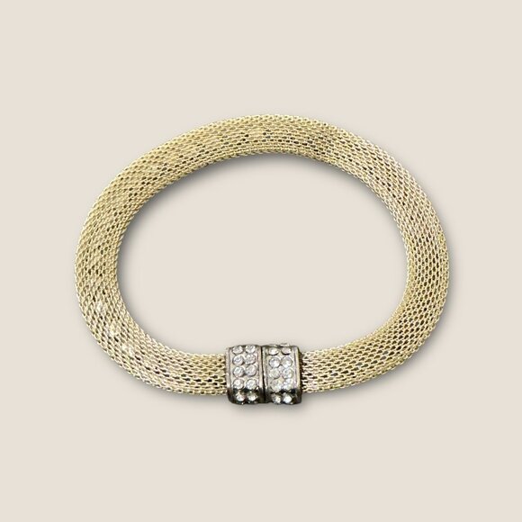 Gold-Plated Mesh Bracelet With Rhinestone Magnetic Clasp - Picture 3 of 4